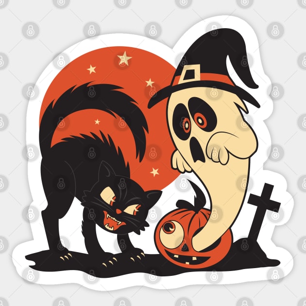 Vintage Halloween Cat and Ghost Scene Sticker by Kappacino Creations